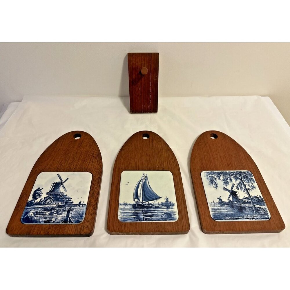 Set of 3 Vintage Wood & Delft Blue Tile Trivet Cheese Boards Germany Holland 10"